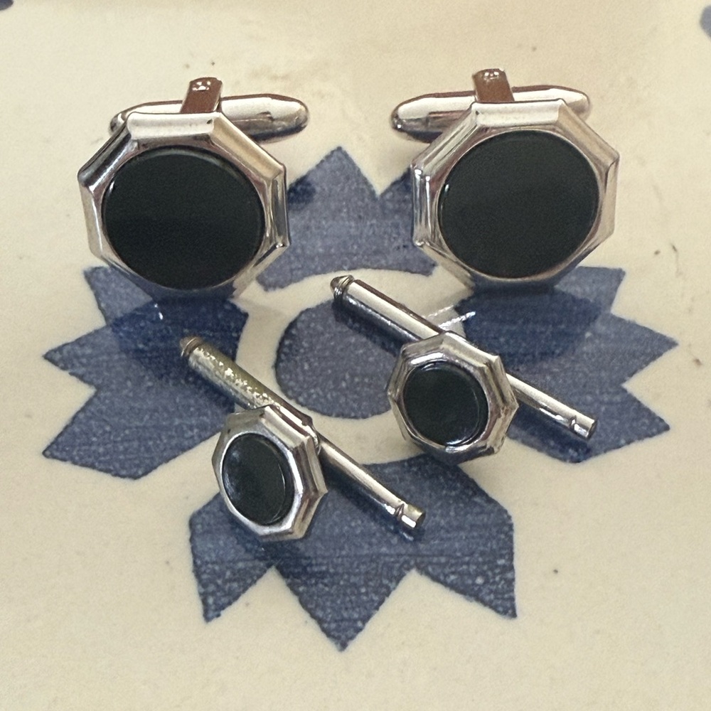 Hexagonal Black and Silver Cufflink Set